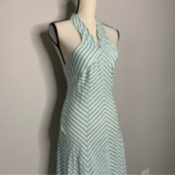 NWT New York & Company Sea Green & White Striped Halter Long Maxi Dress - Picture 7 of 14